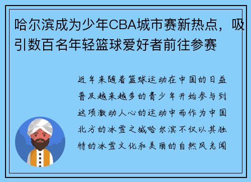 哈尔滨成为少年CBA城市赛新热点，吸引数百名年轻篮球爱好者前往参赛
