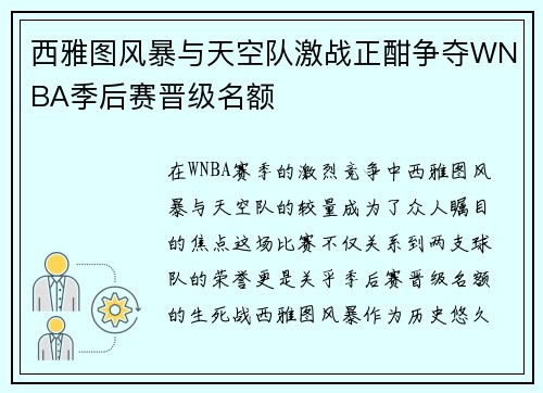 西雅图风暴与天空队激战正酣争夺WNBA季后赛晋级名额